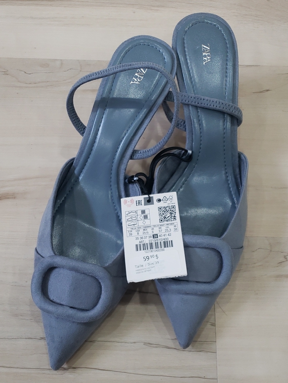 Zara Dusty Blue Pointed Toe Slingback Kitten Heels Size 8